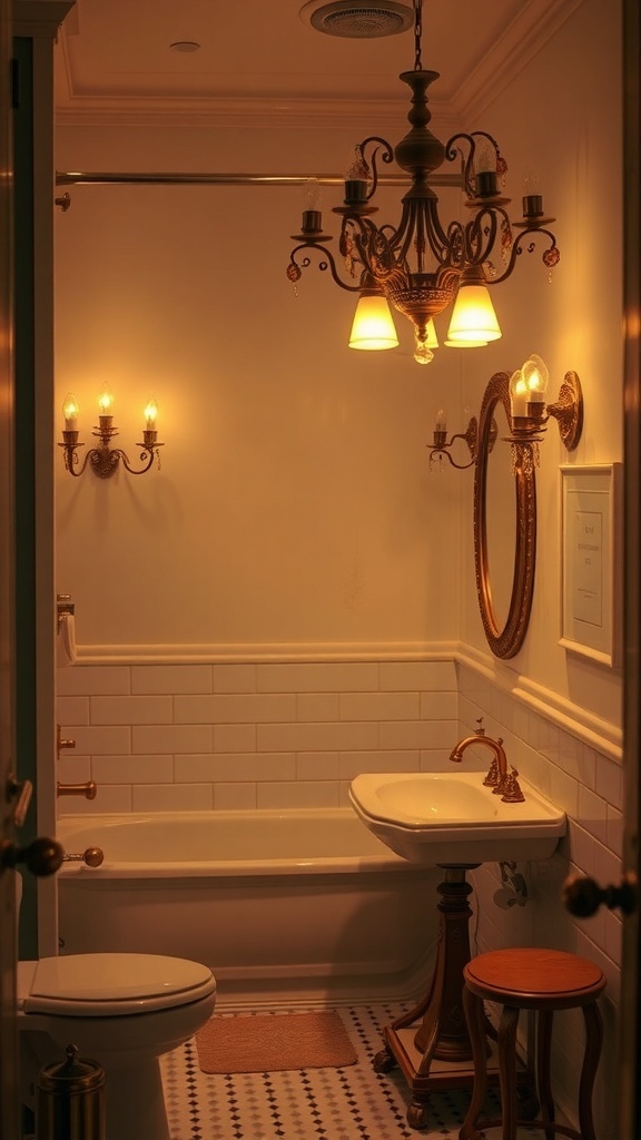 A vintage bathroom with old-world lighting fixtures, including a chandelier and wall sconces, creating a warm and inviting atmosphere.