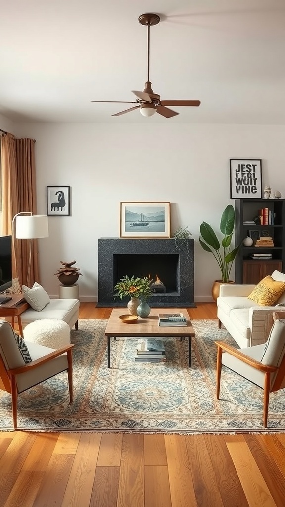 A cozy living room featuring a blend of modern and vintage styles, with comfortable seating, a fireplace, and decorative artwork.