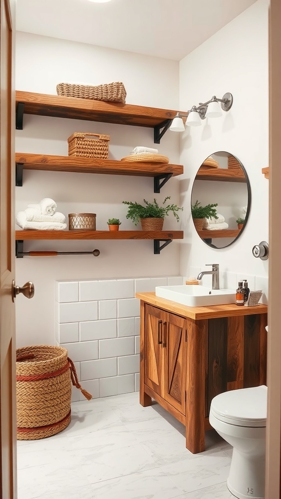A rustic bathroom featuring wooden shelves, a wooden vanity, and decorative elements.