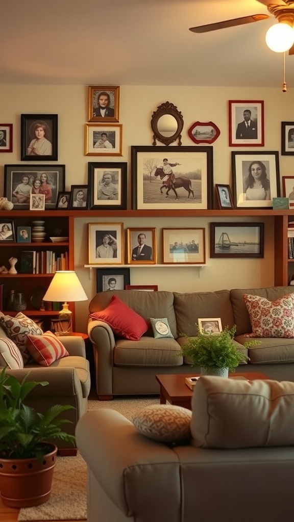 A cozy industrial farmhouse living room with a gallery wall of family photos, soft lighting, and plush sofas.