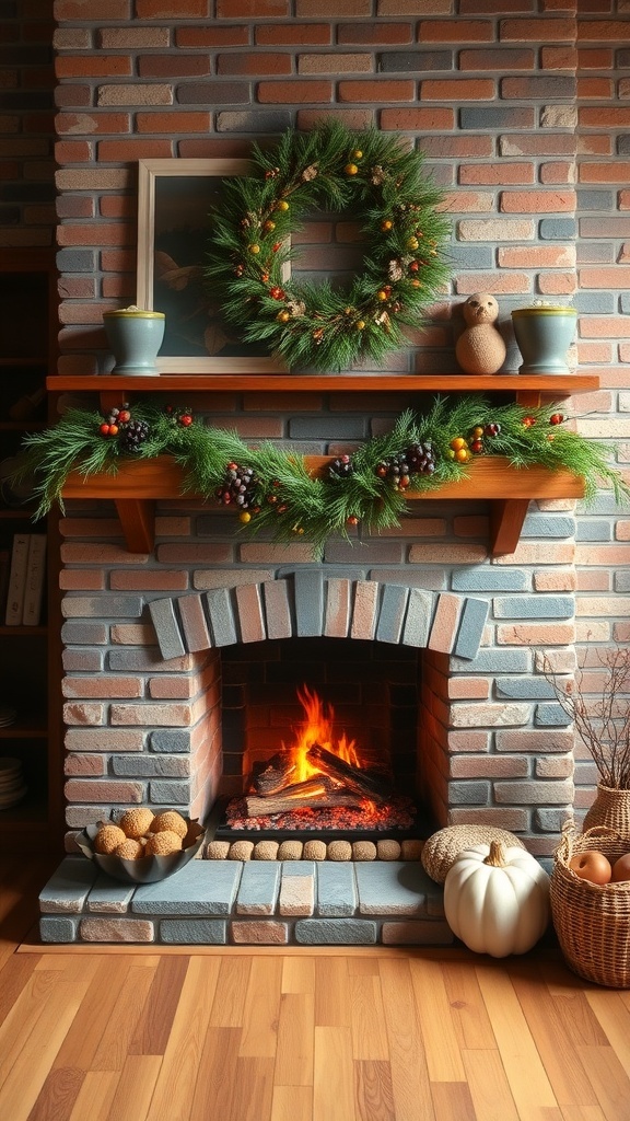 A stone brick fireplace decorated with a green wreath and garland, featuring a cozy fire and seasonal decor.