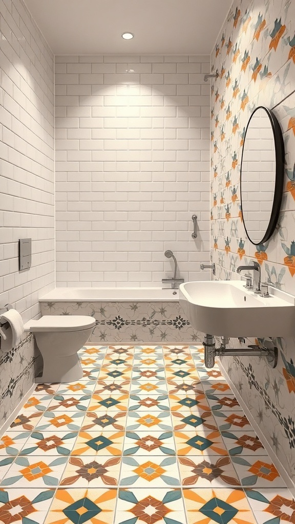 Aesthetic bathroom featuring geometric tile patterns on the floor and simple white tiles on the walls.