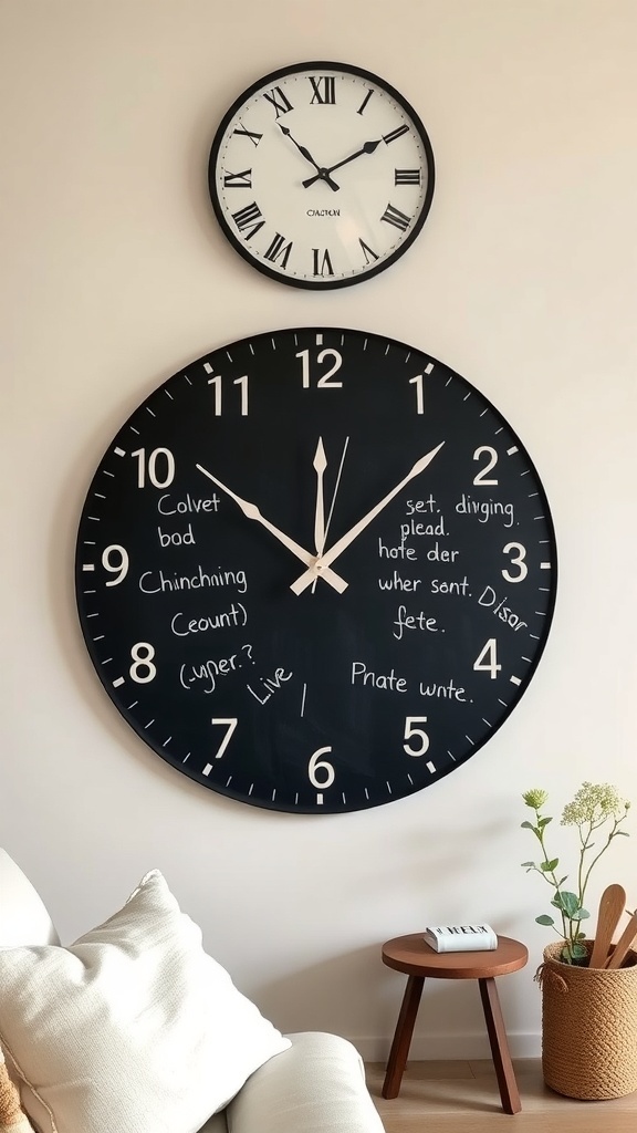 A large chalkboard wall clock with handwritten notes, positioned above a smaller traditional clock, in a cozy living room setting.