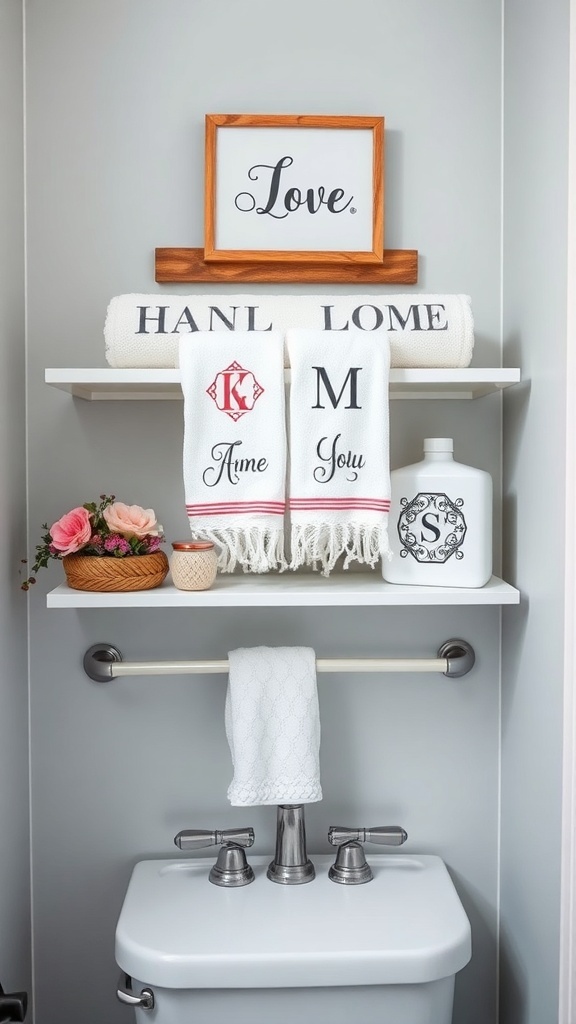 Modern farmhouse bathroom decor with personalized towels and a framed sign