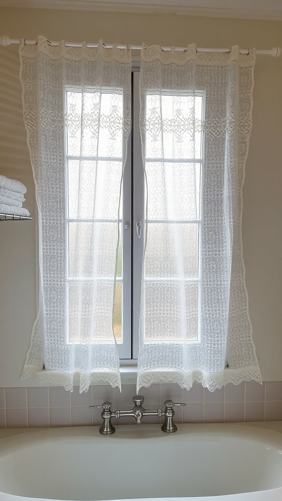 Vintage lace curtains hanging in a bathroom window above a bathtub