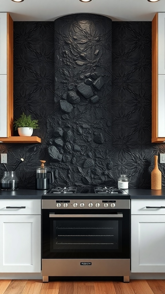 A kitchen featuring a rough black stone backsplash with white cabinets and a black countertop.