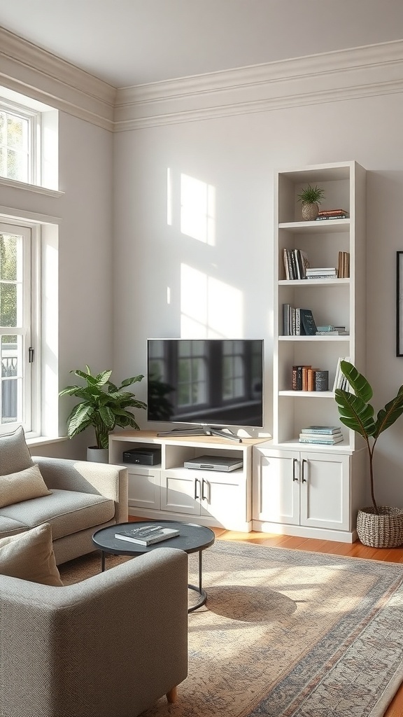 A cozy living room with corner shelving, a TV, and a comfortable sofa.