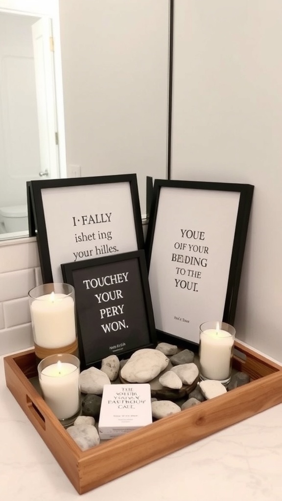 A bathroom tray with inspirational quotes framed in black, candles, and smooth stones.
