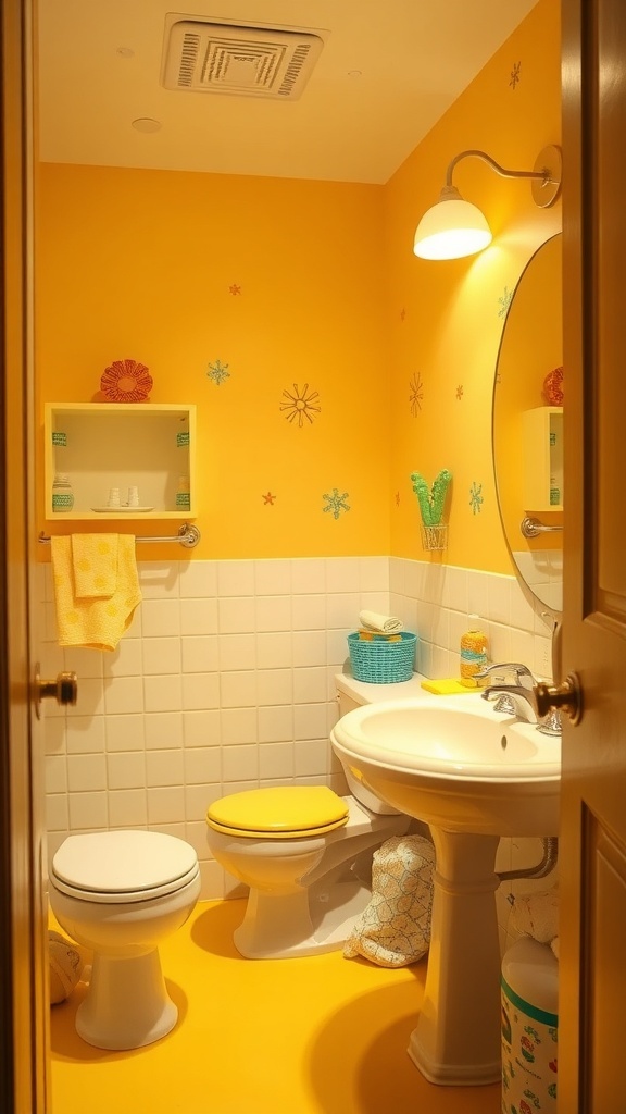 A bright yellow bathroom with cheerful decor, featuring yellow walls, a yellow toilet seat, and colorful accents.