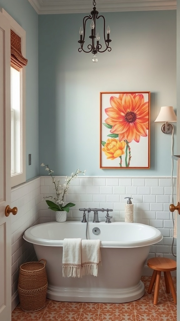 A stylish bathroom featuring a white bathtub, floral wall art, and elegant lighting.