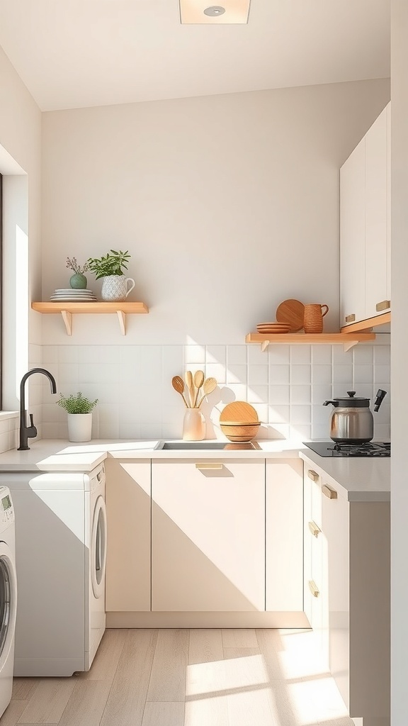 A bright and modern small kitchen with light colors, smart storage solutions, and a compact kitchen island.