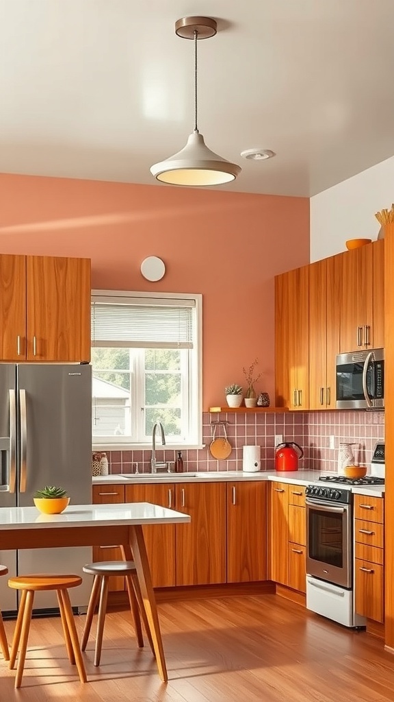 A mid century modern kitchen featuring warm wood cabinets, peach walls, and colorful accents.