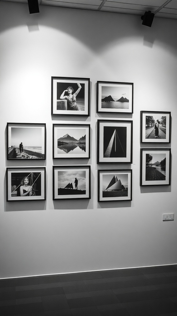 Gallery wall featuring black and white photographs in various frames