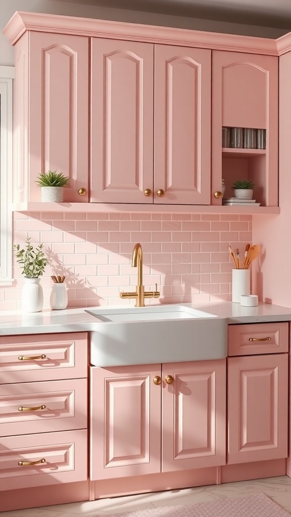 A cozy kitchen featuring light pink cabinets and accent tiles, showcasing a modern yet charming design.