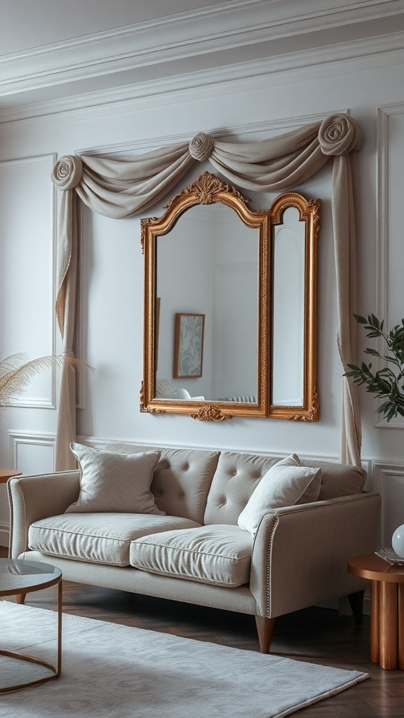 Living room with a fabric-framed mirror above a beige sofa, creating a cozy atmosphere.