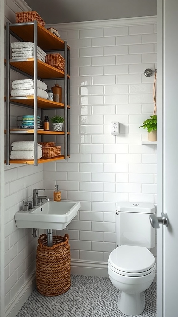 A small bathroom featuring tall shelves with towels and decorative items.