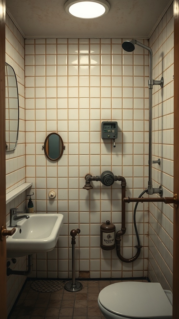 A small industrial-style bathroom featuring vintage plumbing fixtures, including a sink, shower, and exposed pipes.