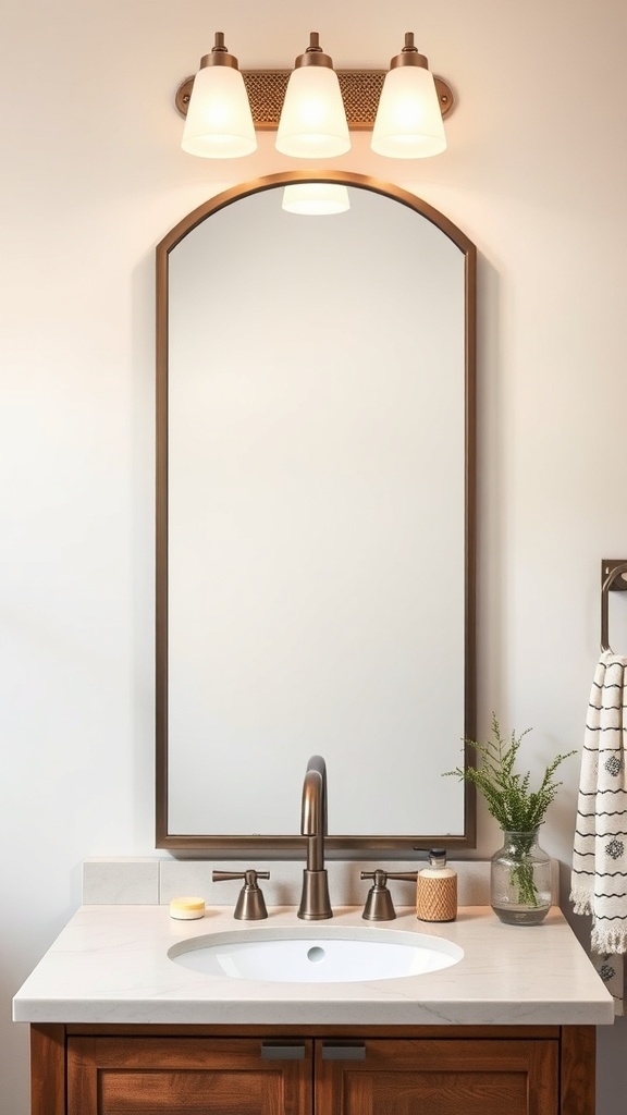 Modern farmhouse bathroom with an arched mirror, wooden cabinet, and stylish lighting.
