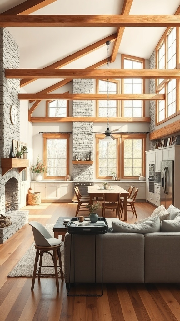 A bright and airy rustic kitchen and living room combo featuring wood beams, stone accents, and a seamless open concept layout.