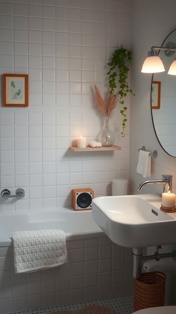 A serene bathroom with a speaker, plants, candles, and soft lighting.
