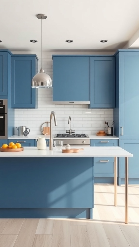 Modern kitchen with light blue cabinets and silver accents