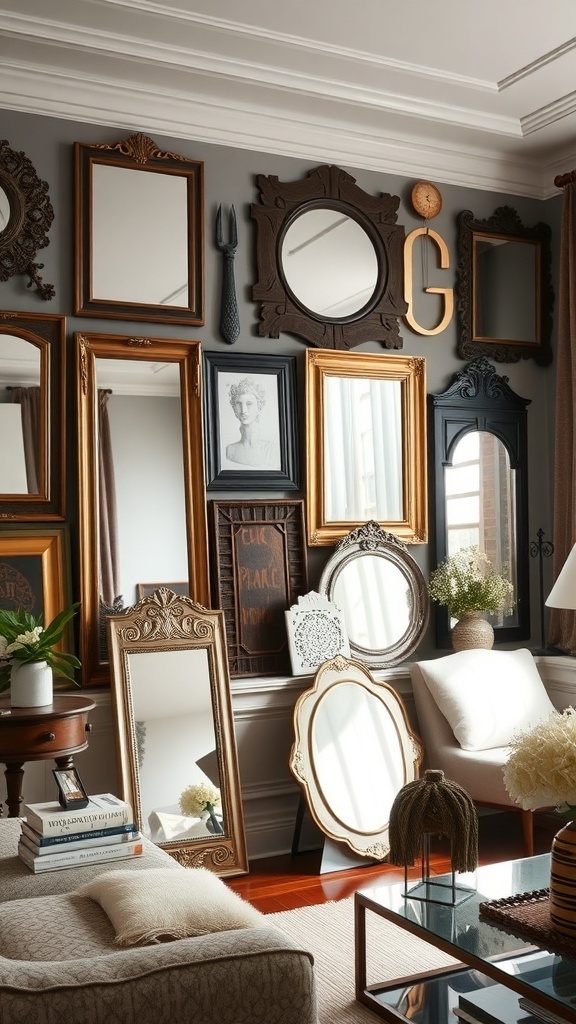 A wall decorated with mirrors of various shapes and sizes, showcasing different frame styles.