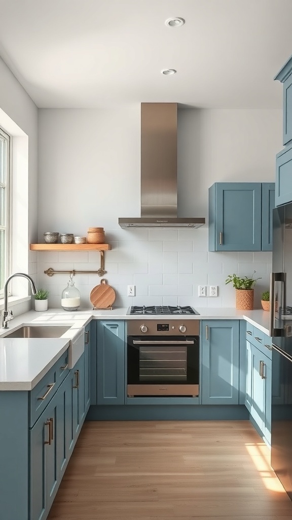 A modern kitchen featuring dusty blue cabinets, white countertops, and a minimalist design.