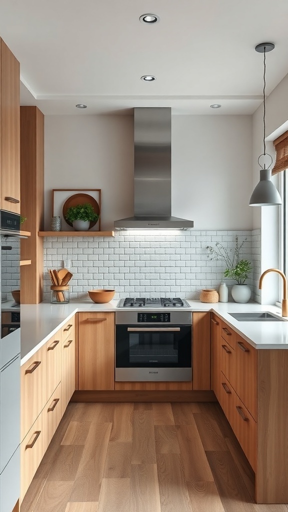 A minimalist kitchen featuring wooden cabinets, a sleek stove, and a clean countertop.