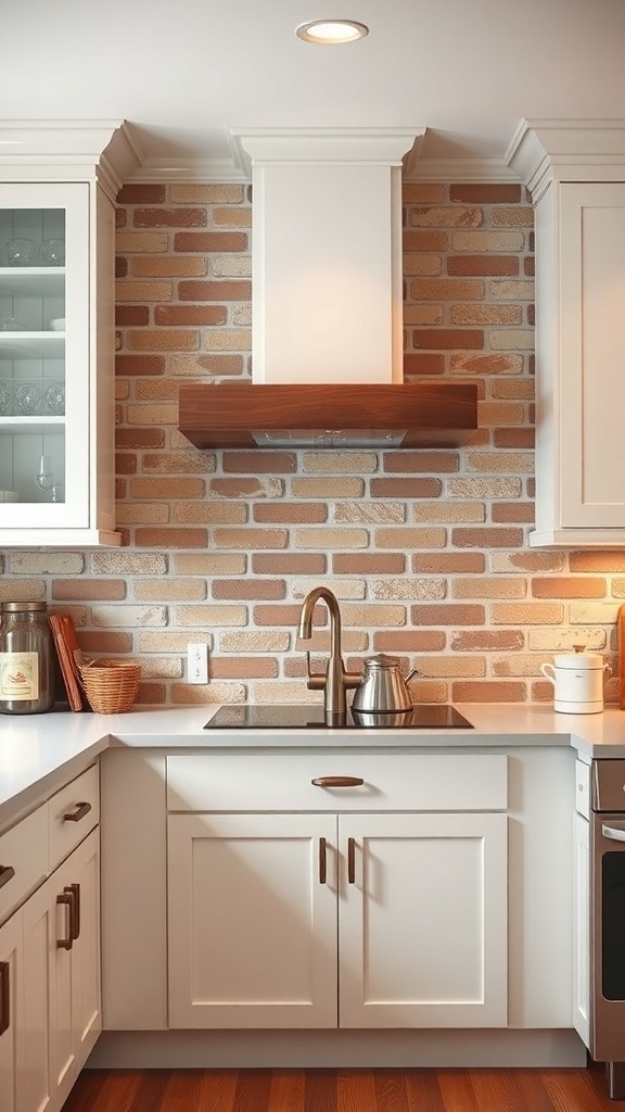 A kitchen featuring a brick backsplash with white cabinets and wooden accents.