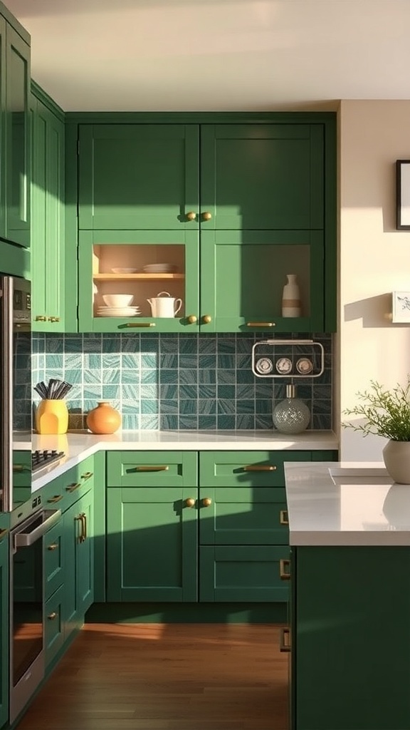 A modern kitchen featuring layered shades of green cabinets with gold hardware and a geometric backsplash.