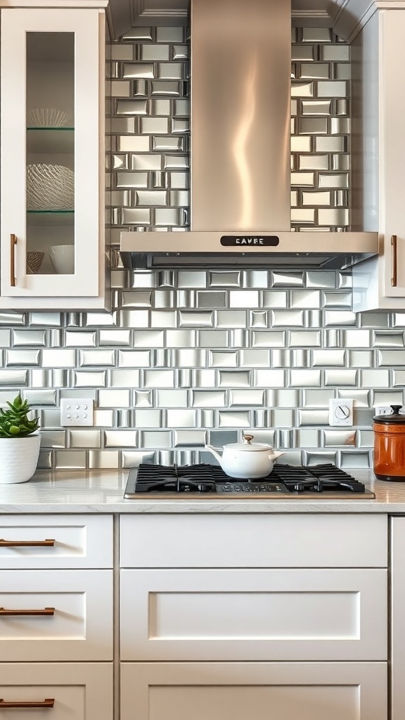 A modern kitchen with a reflective mirrored backsplash, white cabinets, and a sleek stove.