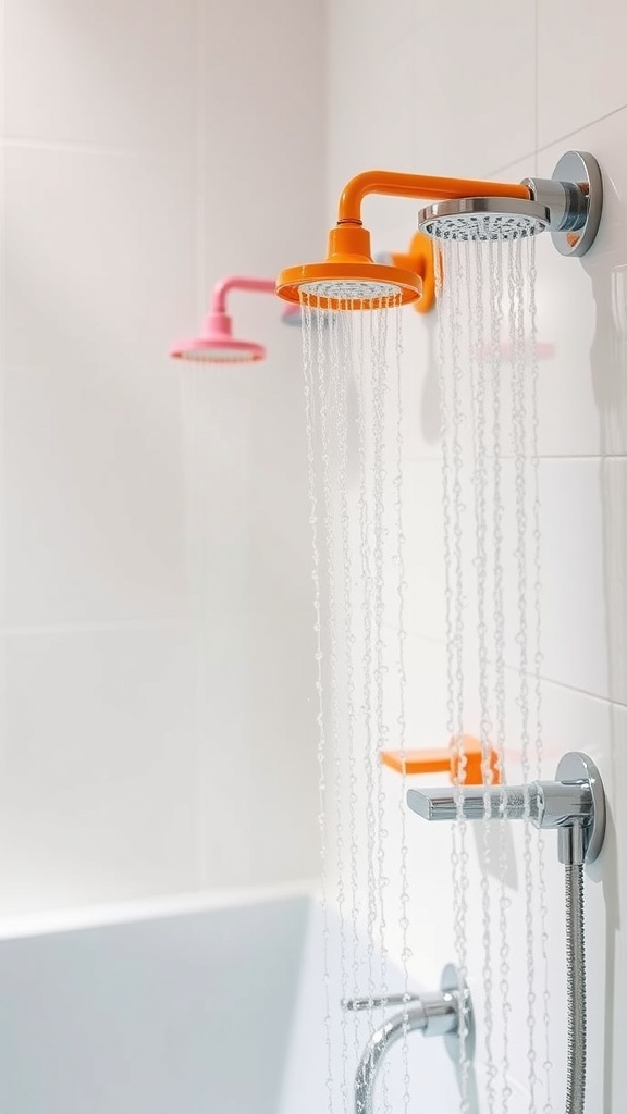 Colorful showerheads in a bathroom with orange and pink fixtures.