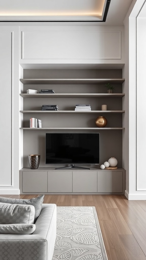 Modern minimalist built-in shelves in a living room with a TV and decorative items