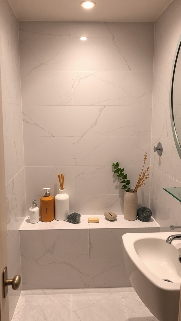 A minimalist bathroom with marble walls, natural decor, and soft lighting.