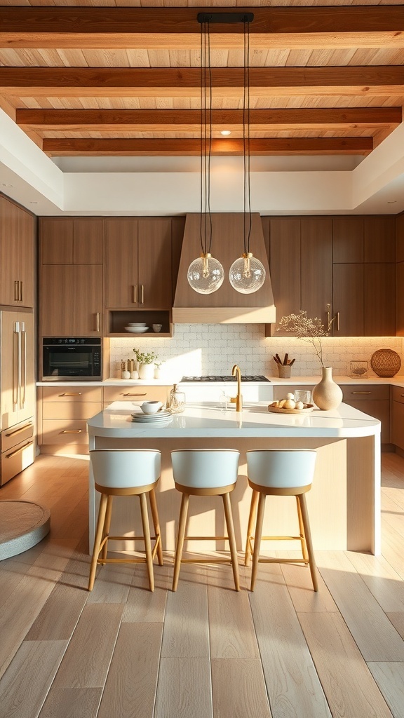 A modern kitchen featuring a sophisticated island design with wooden cabinetry and stylish bar stools.
