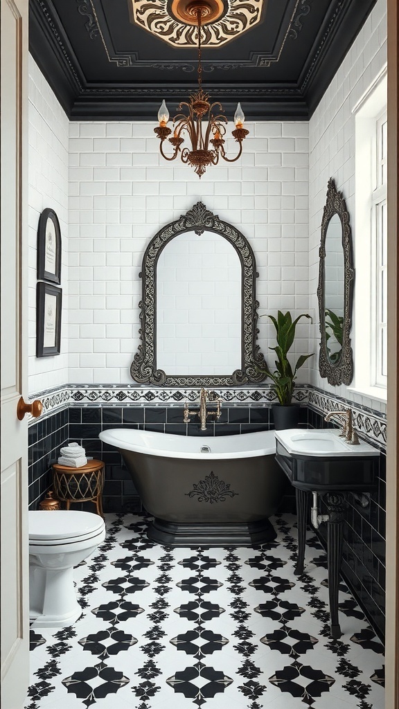 Art Deco inspired black and white bathroom with intricate tiles, freestanding bathtub, and elegant chandelier.