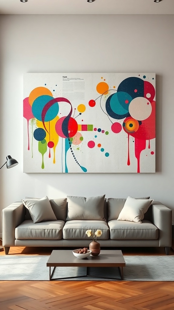 A vibrant oversized canvas art piece featuring colorful circles and splashes above a modern couch.