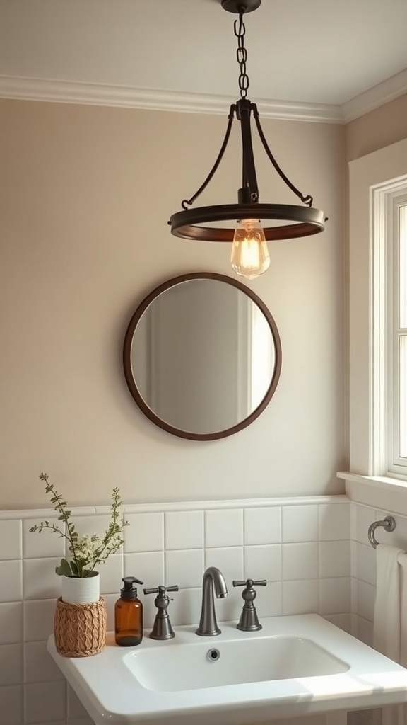 Rustic lighting fixture in a farmhouse bathroom with a round mirror and potted plant.