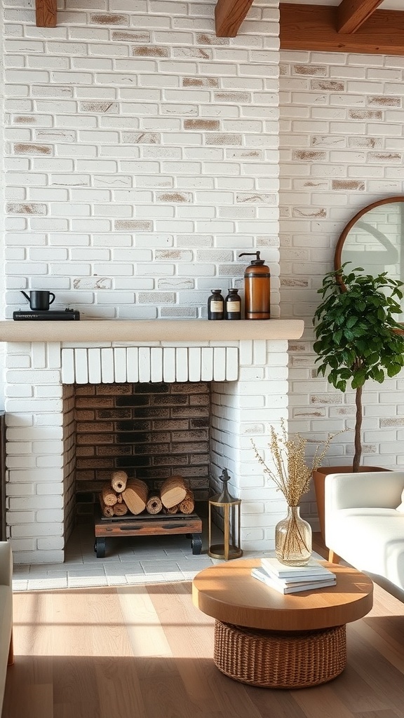 A whitewashed brick fireplace with wooden accents and a cozy decor
