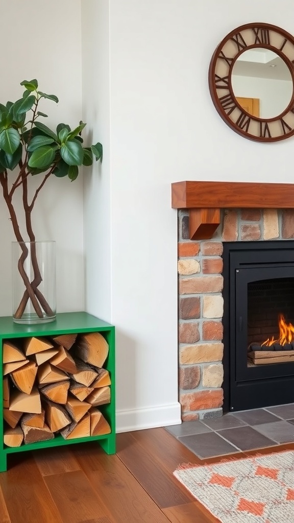 A colorful green firewood storage unit next to a modern fireplace.