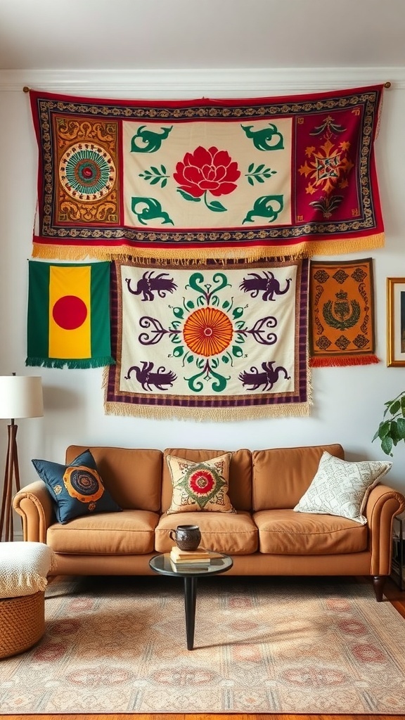 A cozy living room with a brown couch and colorful cultural tapestries hanging on the wall above.