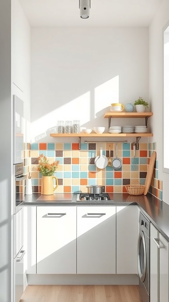 A small kitchen featuring a colorful tiled backsplash, bright natural light, and modern minimalist design.