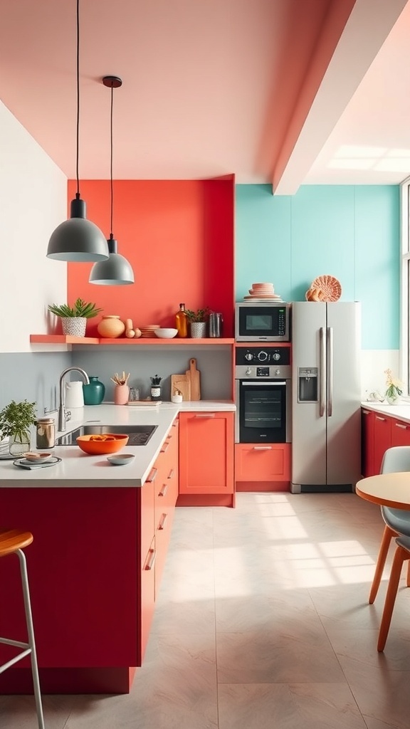 A modern kitchen featuring colorful accent walls in coral and teal.