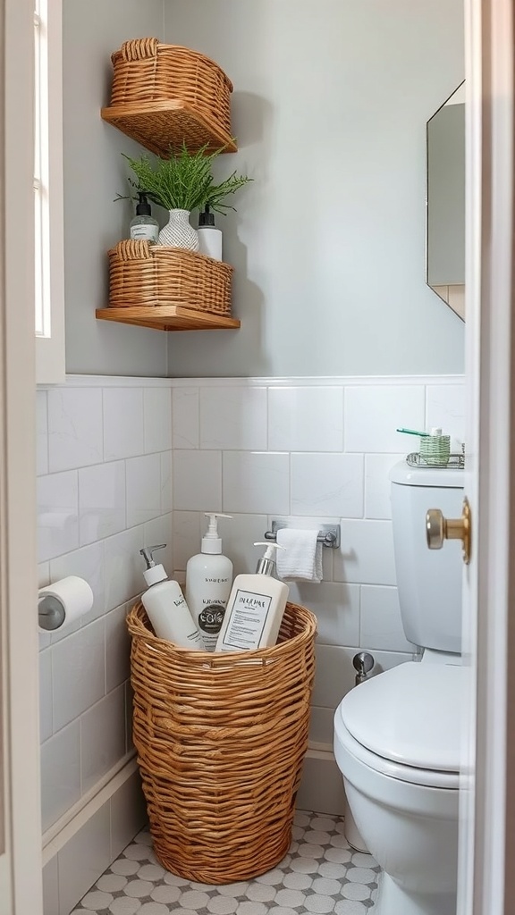 Decorative storage baskets in a small bathroom for organization