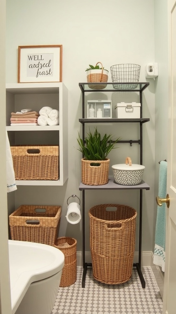 A stylish bathroom with decorative storage solutions, featuring woven baskets, open shelving, a potted plant, and a framed sign.
