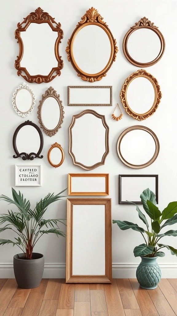 Gallery wall featuring various mirrors in different shapes and sizes, complemented by indoor plants.