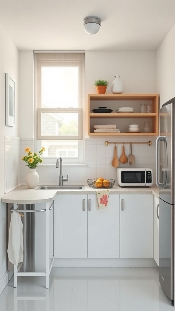 A bright, modern small kitchen with a compact layout, featuring smart storage solutions and a cozy aesthetic.