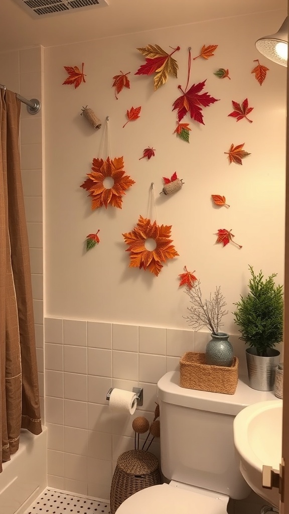 A bathroom wall decorated with colorful autumn leaves and small decorative items.