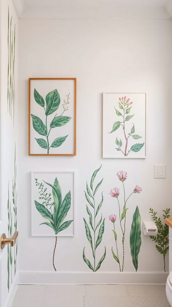 Nature-inspired wall art in a bathroom featuring botanical prints and wall decals.