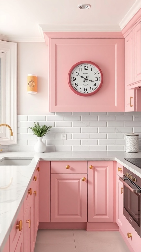 A stylish pink kitchen with a clock on the wall, featuring pink cabinets and modern decor.